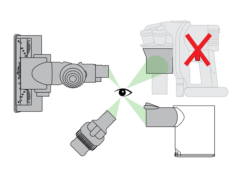 Image montrant comment vérifier que le collecteur, le cyclone et l’accessoire ne sont pas bouchés.